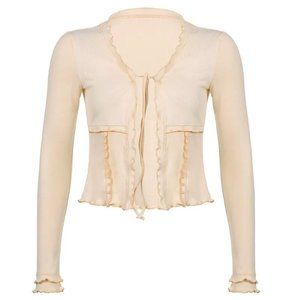 Long-Sleeve Ruffled-Trim Tie-Front Cardigan